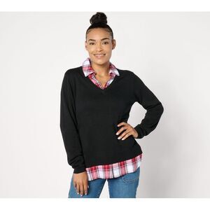Maya J Women's Top Sweater Sz S V-Neck Mixed Media 2Fer w Tartan Black A679517